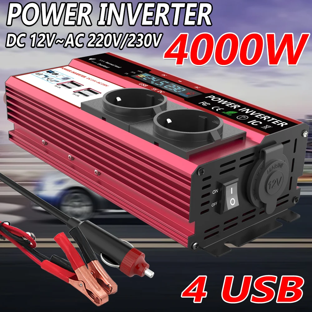 Power Inverter 12V 220V 4000W Continuous - 12Vから220Vへの変換、最大出力4000W、連続出力800W、LCDディスプレイ付き、EUプラグ、ソーラーインバーター、デュアルUSBポート（スマートフォン、ノートパソコン、車載用）。