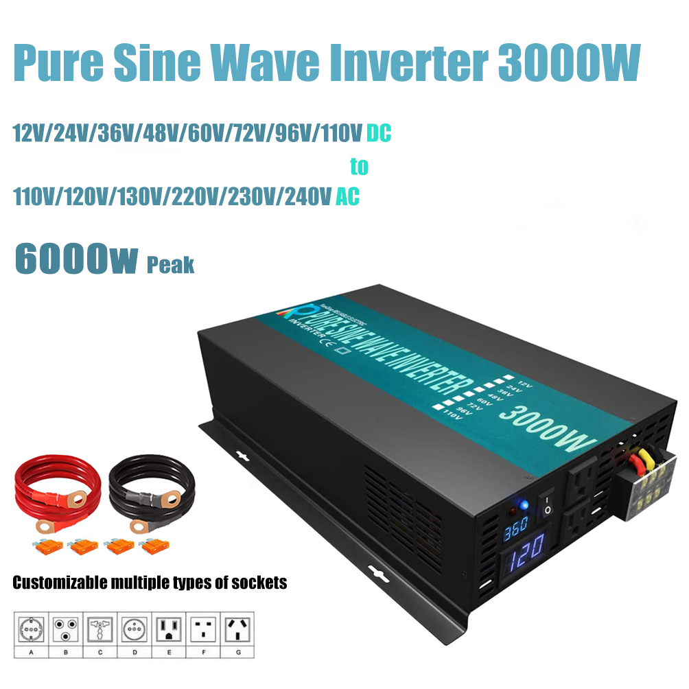 Inverter Pure Sine Wave 60Hz 120V 3000W - 純粋な正弦波インバーター,3000w,24v,220v,ソーラーパネル,パワーバンクコンバーター,12v,36 v,48v dc〜110v,120v,230v 240V AC、信頼性