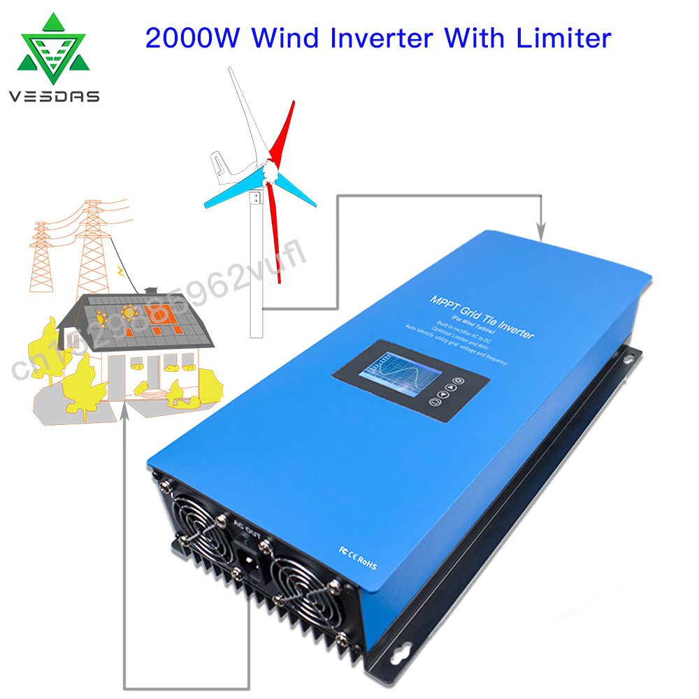 Grid Tie Inverter Limiter 2000W - 1000ワット2000ワットの風力mppt電源グリッドタイインバーター上リミッターとセンサー純粋な正弦波110v 220用24v 48風力タービン発電機